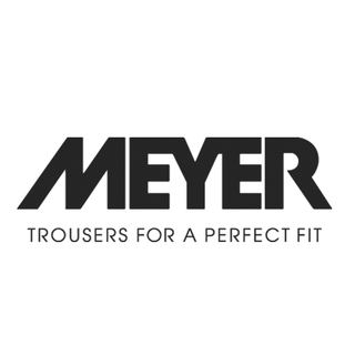 Meyer logo with tagline 'Trousers for a perfect fit' in bold black letters on white background.