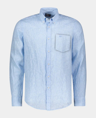 Light blue long sleeve linen shirt with button-down collar and chest pocket for men