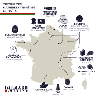 Map of France showing textile and clothing manufacturing locations with icons for fabrics and factories.
