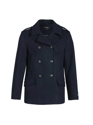 Men's navy wool pea coat with double-breasted front and button details