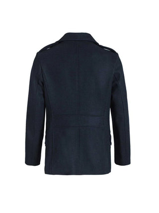 Back view of navy wool men's peacoat with structured shoulders and epaulets