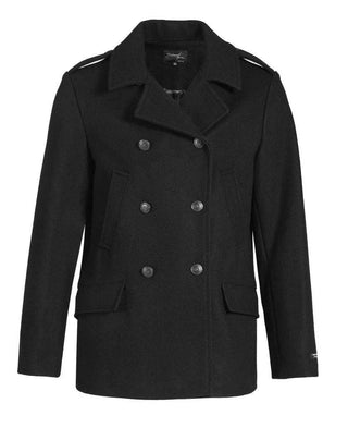 Men's black wool peacoat with double-breasted buttons and notched collar