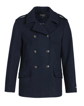 Men's navy wool pea coat with double-breasted buttons and front pockets