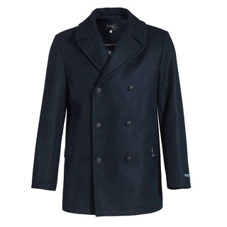 Men’s navy wool peacoat with double-breasted buttons and wide lapels on white background