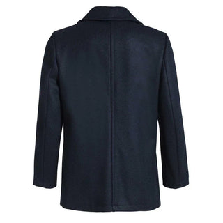 Back view of a men's navy wool peacoat with long sleeves and notched collar