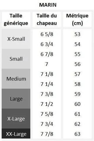 Hat size chart for MARIN with generic sizes, cap sizes, and metric measurements in cm.