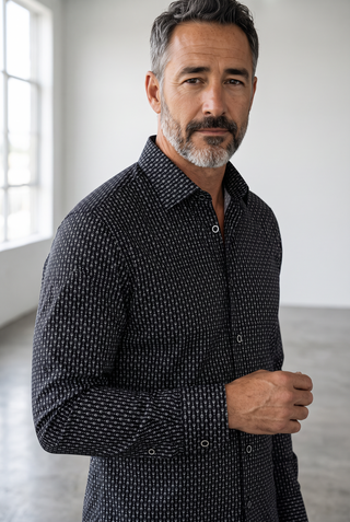 Le Capitaine D'a Bord Bugatchi James black long-sleeve shirt with wine glass print in wrinkle-resistant OoohCotton.