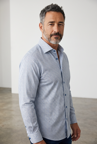 Le Capitaine D'a Bord Bugatchi James long sleeve shirt in air blue with a geometric circle print and point collar