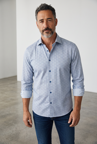 Le Capitaine D'a Bord Bugatchi James long-sleeve shirt in air blue with a geometric circle print and shaped fit.
