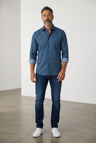 Le Capitaine D'a Bord Bugatchi James long-sleeve navy blue patterned OoohCotton shirt with a shaped fit on a model.