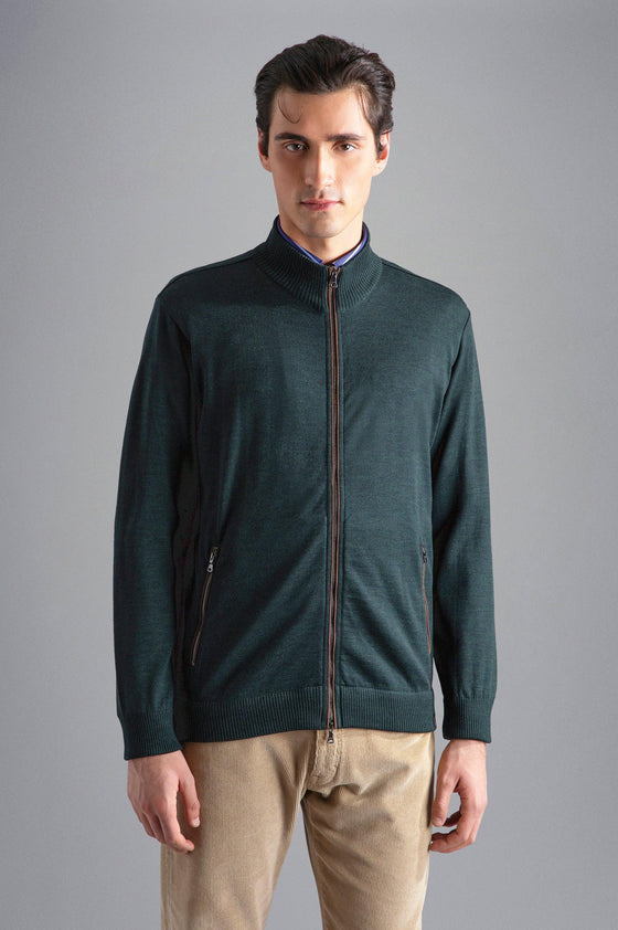 Paul & Shark - Cardigan zip de laine avec bordures de cuir - LE CAPITAINE D'A BORD