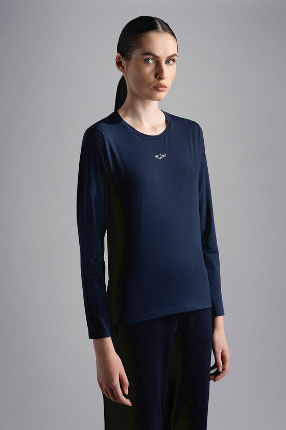 Paul & Shark Ladies - T-shirt manches longues de coton avec requin Swarovski pour femme - LE CAPITAINE D'A BORD