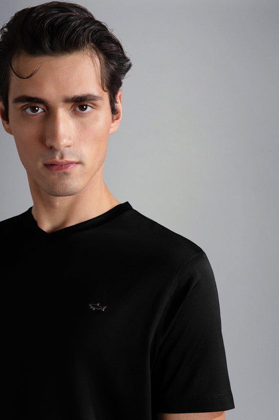 Paul & Shark - T-shirt col V manches courtes de coton avec requin métallique - LE CAPITAINE D'A BORD