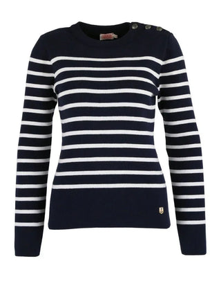 Navy blue and white striped cotton sailor sweater with long sleeves and button detail on shoulder