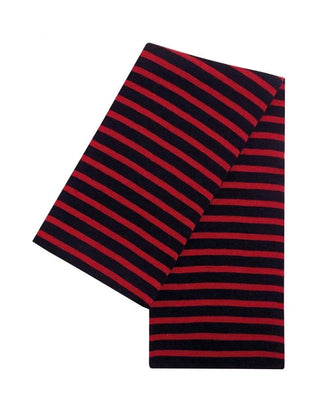 Breton wool scarf with navy and red stripes on a white background