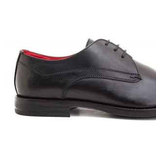 Black leather men's dress shoe with red inner lining, low heel, and lace-up design
