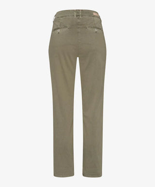 Back view of khaki cotton pants with buttoned pockets, vintage style, on white background.