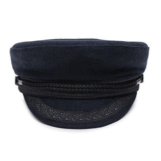Navy wool captain hat with decorative braid trim on visor, maritime style accessory