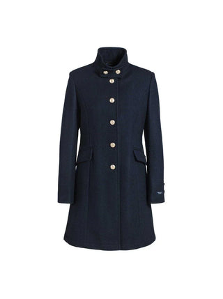 Women's long navy wool coat with gold buttons and high collar, classic tailored style