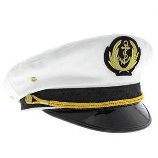White and black captain's hat with gold embroidered anchor emblem and gold rope detail