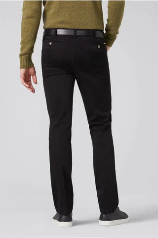 Men's black cotton pants, straight fit, back view, with black belt and green sweater
