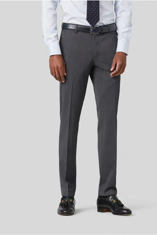 Men's grey dress pants in lightweight wool, styled with black belt and loafers