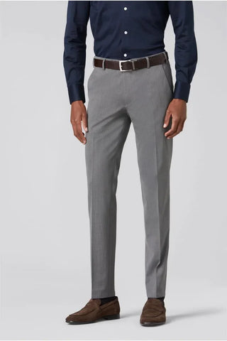 Men's light grey wool dress pants with belt, navy shirt, brown loafers, formal outfit