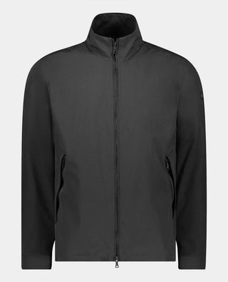 Men's black nylon zip-up jacket with high collar and side pockets on white background
