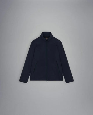 Men's navy blue nylon zip-up jacket with side pockets on a plain background
