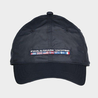 Navy nylon yachting cap with embroidered flags and 'Paul & Shark Yachting' text on front