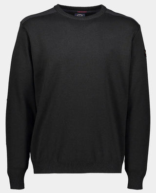 Men's black crew neck sweater with shoulder accents, long sleeves, and ribbed cuffs