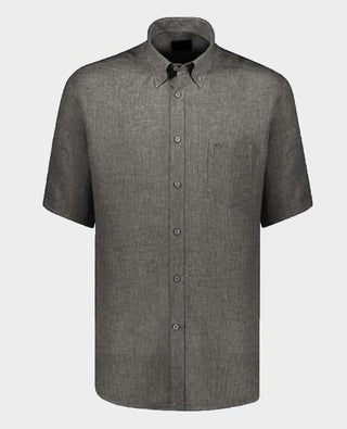 Men's grey short-sleeve linen button-up shirt with chest pocket on plain background
