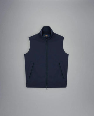 Men's navy blue nylon sleeveless vest with zipper and pockets on a plain background