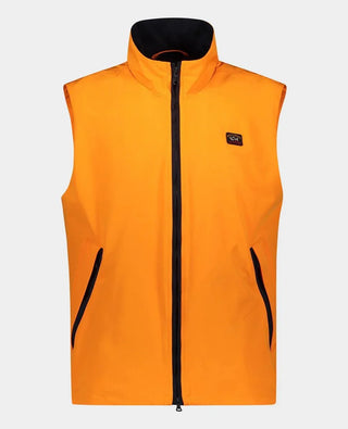 Orange nylon sleeveless vest with front zipper, high collar, two pockets, and small chest logo