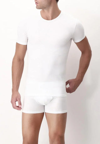 man wearing plain white crew neck t-shirt and white boxer briefs, neutral background