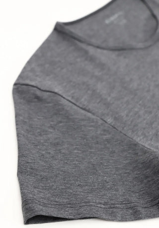 Close-up of dark grey crew neck men's short-sleeve t-shirt on white background