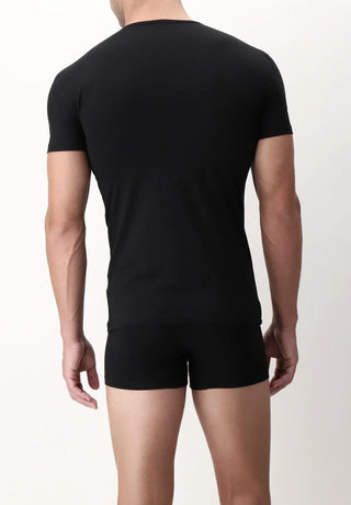 Back view of man wearing fitted black crew neck t-shirt and black boxer briefs