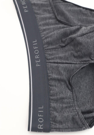 Close-up of grey men's briefs with elastic waistband and Perofil logo