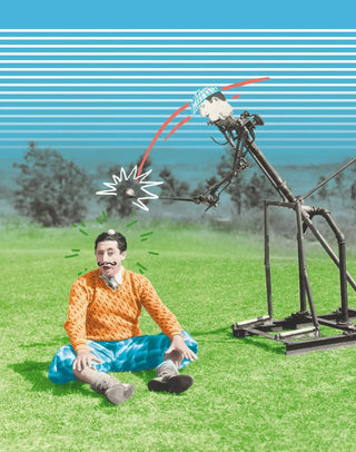 Humorous golf-themed boxer design with vintage man, robot golfer, and playful colors